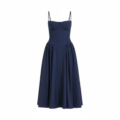 Elegant Spaghetti Strap Midi Dress with Corset Top and A-Line Skirt for Women