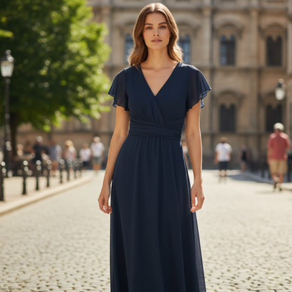 Elegant V-Neck Chiffon Midi Dress with Batwing Sleeves and Irregular Hem for Evening Parties
