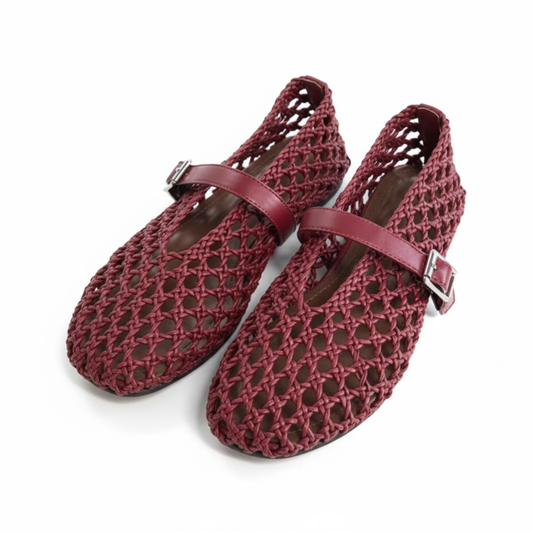 Women's Microfiber Ballet Flats - Woven Hollow Round Toe Sandals with Buckle Strap