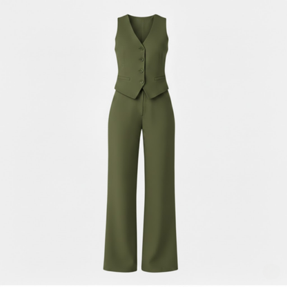 Women's V-Neck Sleeveless Waistcoat and High Waist Wide Leg Trousers Set