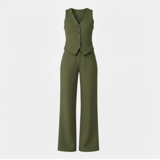 Women's V-Neck Sleeveless Waistcoat and High Waist Wide Leg Trousers Set