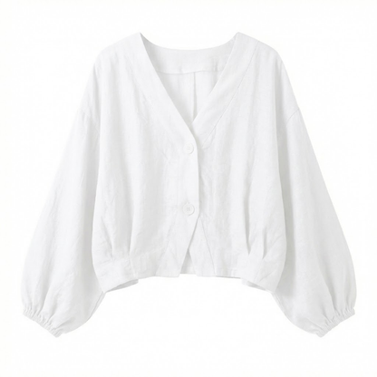 Lightweight Women's V-Neck Cotton Blouse with Batwing Sleeves - Casual Button Down Top