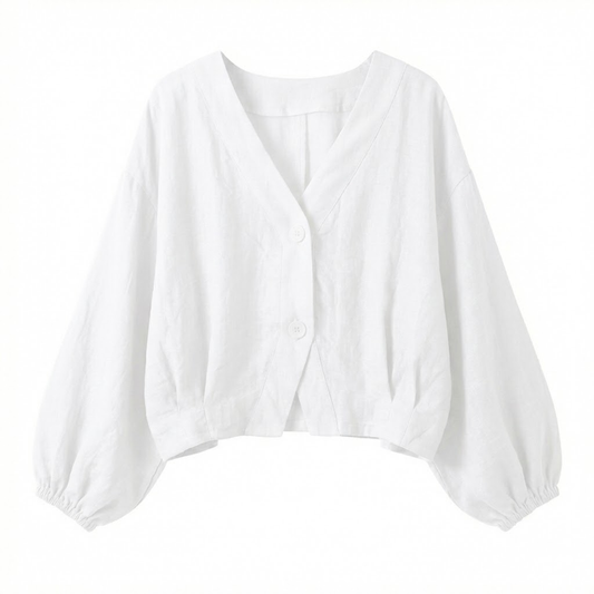 Lightweight Women's V-Neck Cotton Blouse with Batwing Sleeves - Casual Button Down Top