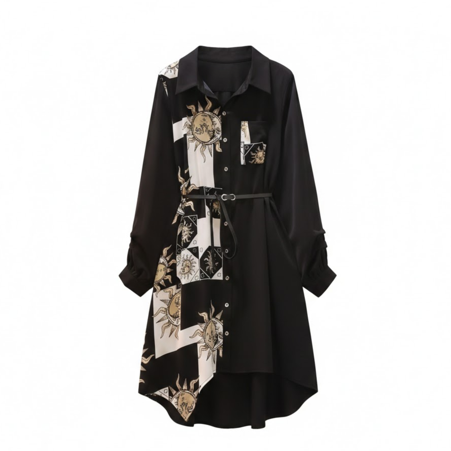 Retro Floral Print Polo Neck Shirt Dress with Button Closure and Adjustable Waist Belt