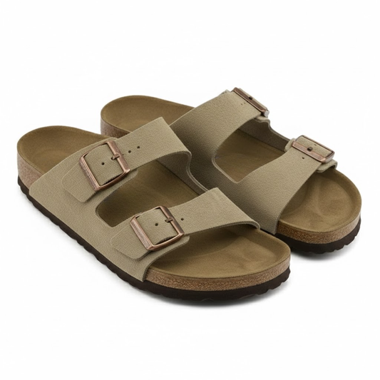Comfortable Adjustable Buckle Strap Cow Suede Sandals with Cork Footbed and Flat Heel