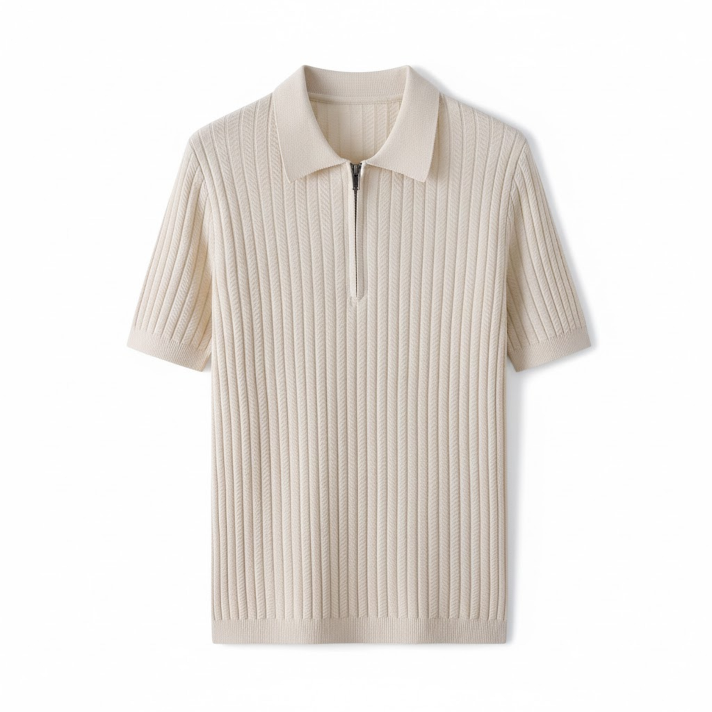 Men's Slim Fit Short Sleeve Knitted Polo Shirt with Half-Zip - Textured Casual Tee
