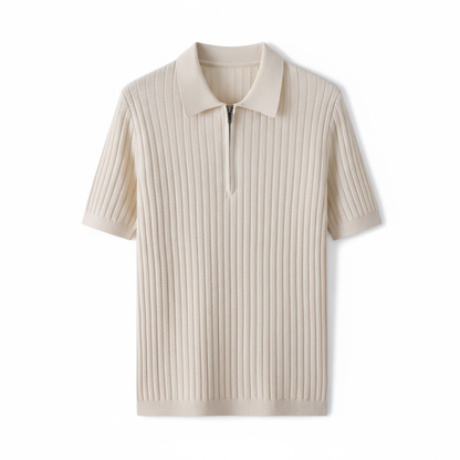 Men's Slim Fit Short Sleeve Knitted Polo Shirt with Half-Zip - Textured Casual Tee