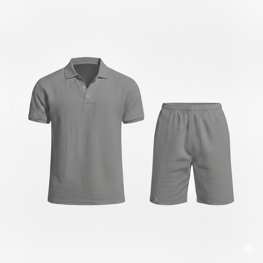 Men's Casual Two-Piece Linen Outfit - Short Sleeve Polo Shirt with Drawstring Shorts