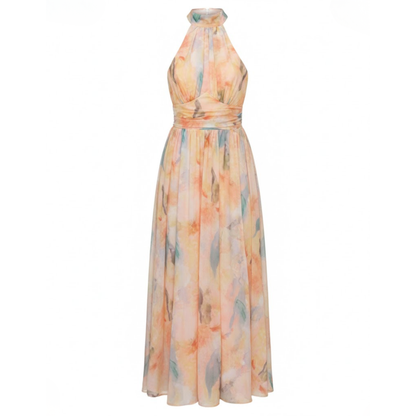 Halter Neck Floral Print Maxi Dress Sleeveless Backless A-Line Holiday Party Gown