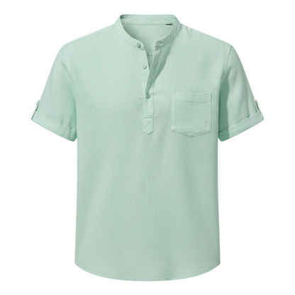 Men's Short Sleeve Cotton Linen Henley Shirt - Breathable Casual Beach Top with Pocket