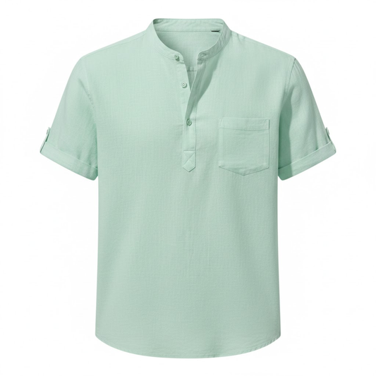 Men's Short Sleeve Cotton Linen Henley Shirt - Breathable Casual Beach Top with Pocket