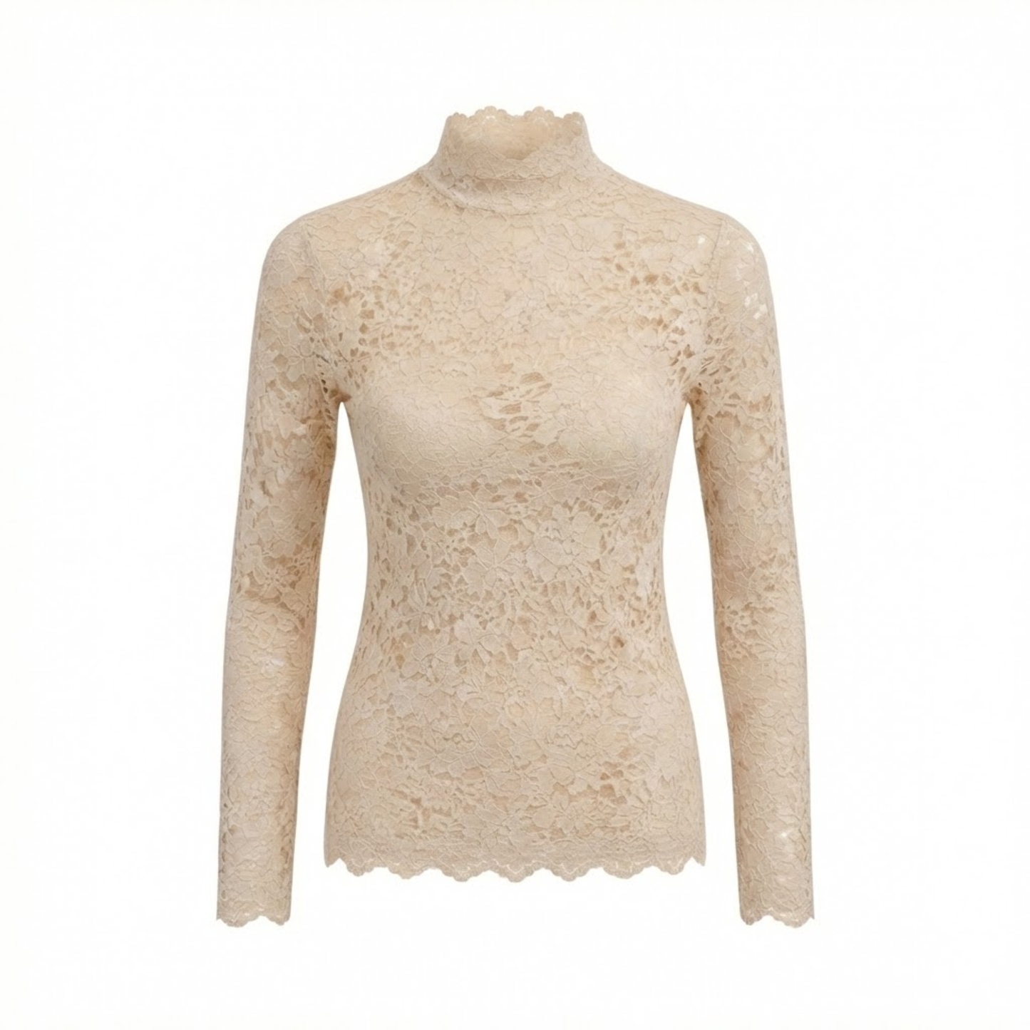 Floral Lace Long Sleeve Turtleneck Top with Petal Sleeves - Women's Knit Mesh Tee