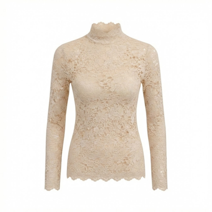Floral Lace Long Sleeve Turtleneck Top with Petal Sleeves - Women's Knit Mesh Tee