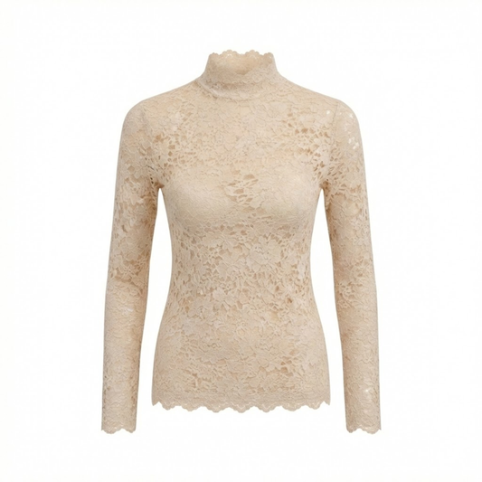 Floral Lace Long Sleeve Turtleneck Top with Petal Sleeves - Women's Knit Mesh Tee