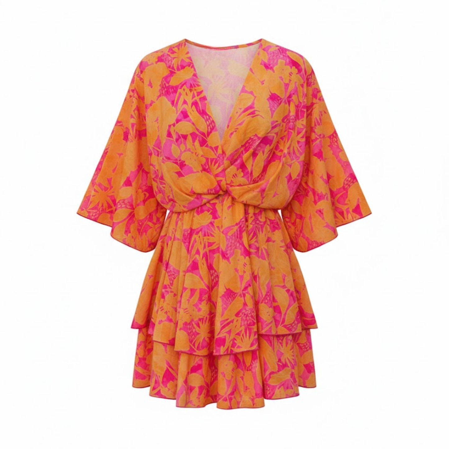 Boho V-Neck Floral Mini Dress with Batwing Sleeves and Ruffle Hem - Casual A-Line Gown