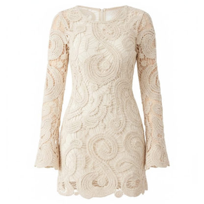 Elegant Hollow Out Lace Mini Dress with Long Flare Sleeves for Evening Parties