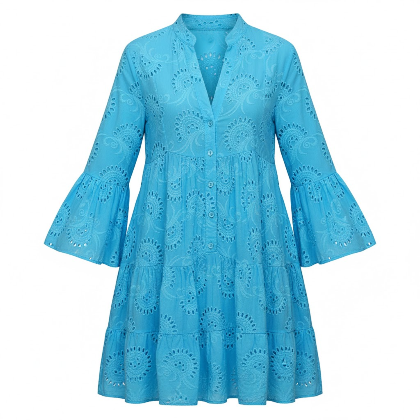V-Neck Eyelet Cotton Mini Dress with Flare Sleeves, Hollow Out Design, Button Front, and Tiered Skirt