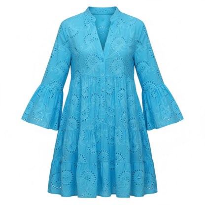 V-Neck Eyelet Cotton Mini Dress with Flare Sleeves, Hollow Out Design, Button Front, and Tiered Skirt