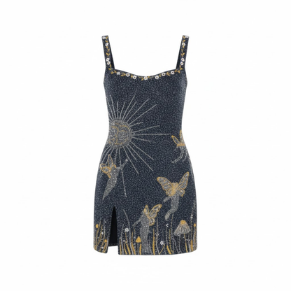 Embroidered Spaghetti Strap Mini Dress with Side Slit for Women