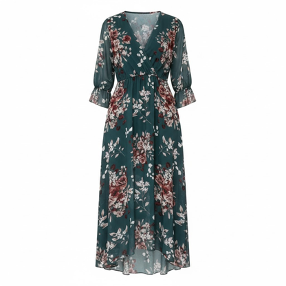 V-Neck Floral Midi Dress with Short Sleeves and Front Split - A-Line Wrap Tie Waist Party Dress