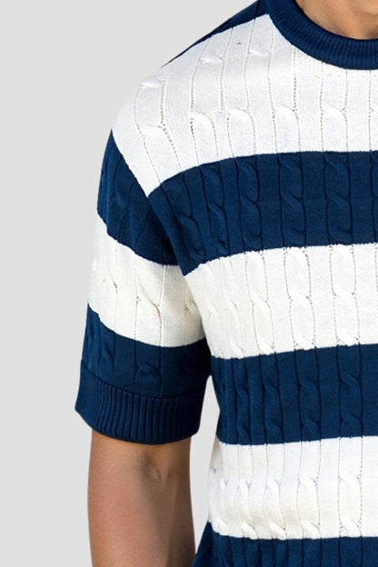 Striped Cable Knit Crew Neck T-Shirt for Men