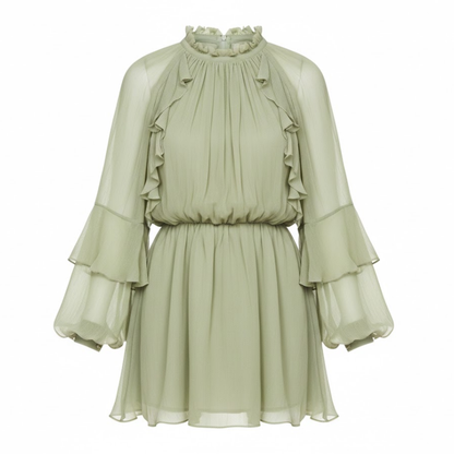 Chiffon Mini Dress with Pleated Ruffle Sleeves, O-Neck Empire Waist, A-Line Design for Parties