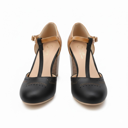 Retro Round Toe T-Strap Mary Jane Pumps with Block Heel - Vintage Casual Footwear