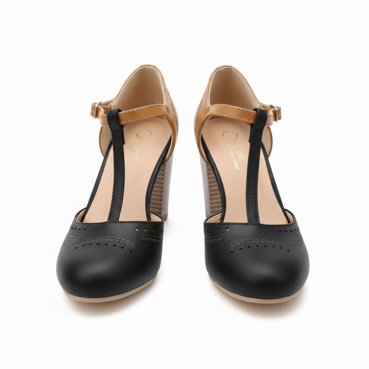 Retro Round Toe T-Strap Mary Jane Pumps with Block Heel - Vintage Casual Footwear