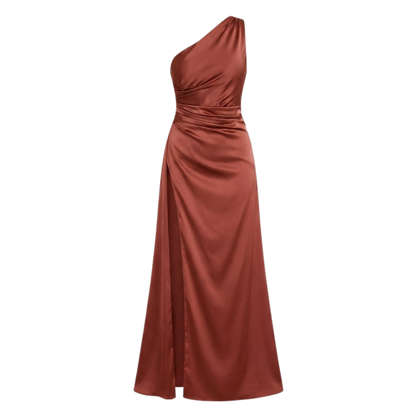 Chic One Shoulder Satin Maxi Dress with Asymmetrical Pleats and High Split Hem for Formal Evening Occasions