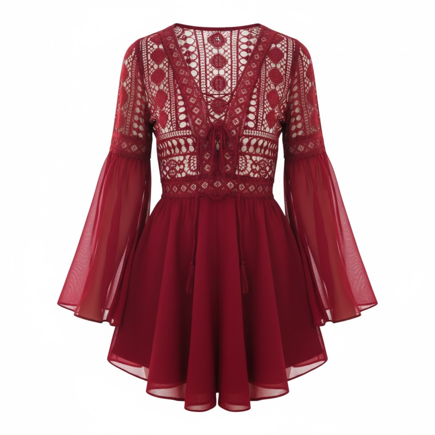 Embroidered Lace Flare Sleeve V-Neck Mini Dress with Hollow Out Design and Empire Waist