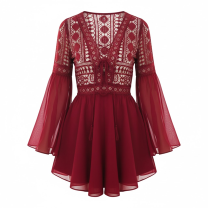 Embroidered Lace Flare Sleeve V-Neck Mini Dress with Hollow Out Design and Empire Waist