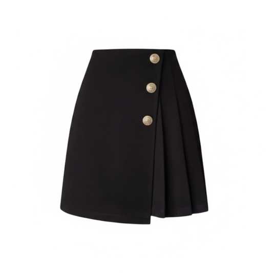 High Waist Asymmetrical Mini Skirt for Women - Cotton Blend with Zipper and Button Details
