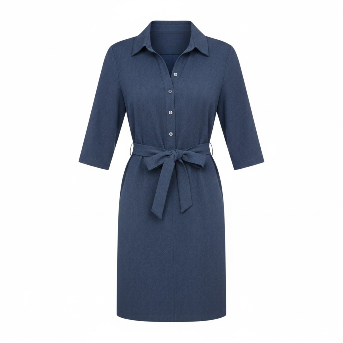 Women's Casual Half Sleeve Shirt Dress with Turn-Down Collar and Adjustable Waist Tie