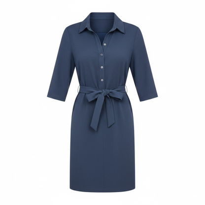 Women's Casual Half Sleeve Shirt Dress with Turn-Down Collar and Adjustable Waist Tie