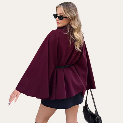 Women's High Neck Belted Cape Coat with Button Closure - Elegant Outerwear for Fall and Winter