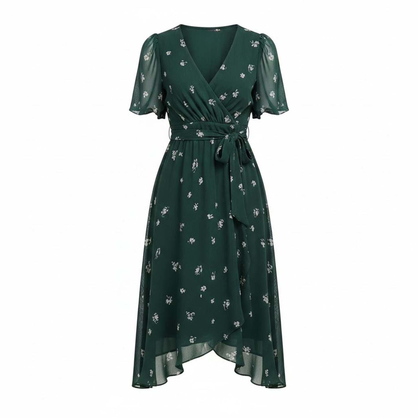 Women's Floral V-Neck Midi Dress with Short Flutter Sleeves and Empire Waist