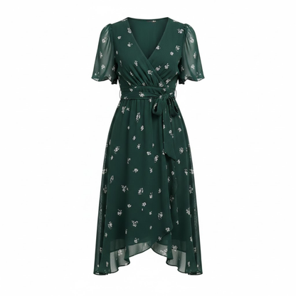 Women's Floral V-Neck Midi Dress with Short Flutter Sleeves and Empire Waist