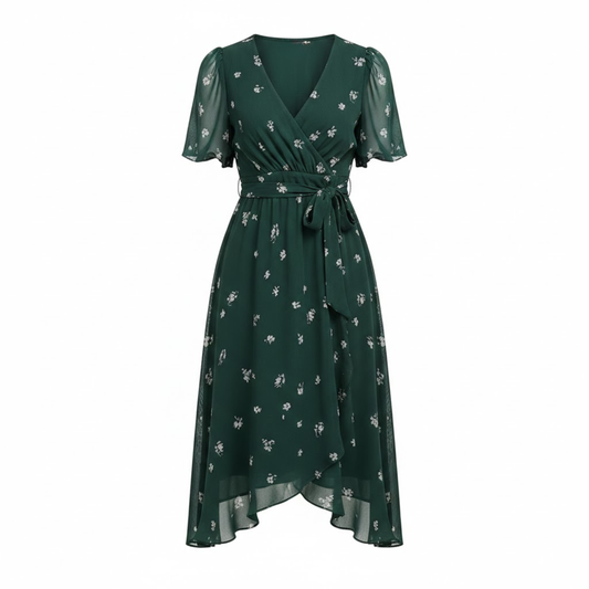 Women's Floral V-Neck Midi Dress with Short Flutter Sleeves and Empire Waist