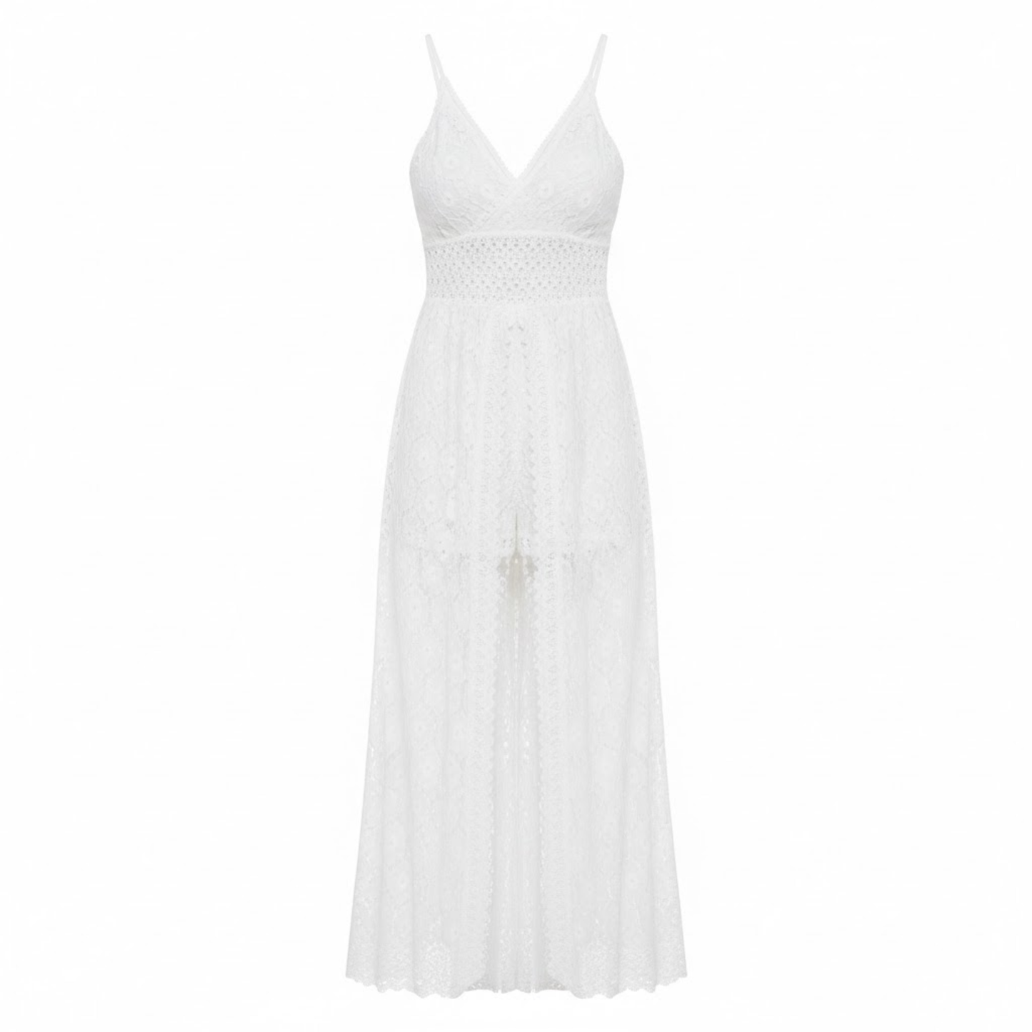 Women's Floral Lace V-Neck Maxi Dress with Empire Waist and Front Split