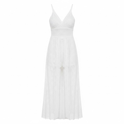 Women's Floral Lace V-Neck Maxi Dress with Empire Waist and Front Split