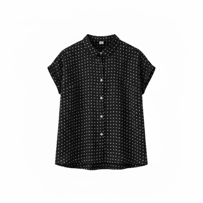 Women's Short Sleeve Polka Dot Blouse - Loose Fit Cotton Linen Shirt with Pleated Collar