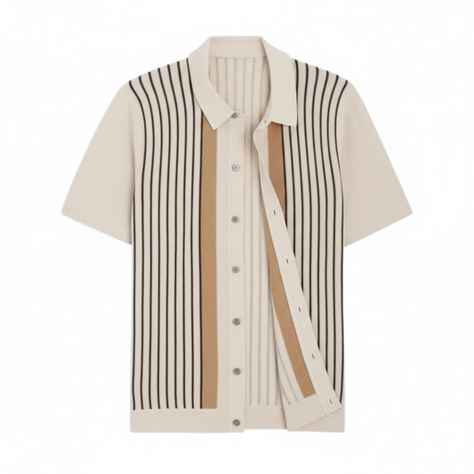 Men's Short Sleeve Striped Knit Polo Shirt - Breathable Retro Casual Top