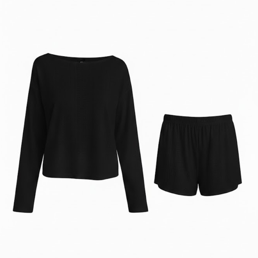 Cozy Women's Long Sleeve Pajama Set with Round Neck Top and Shorts - 2 Piece Loungewear Outfit