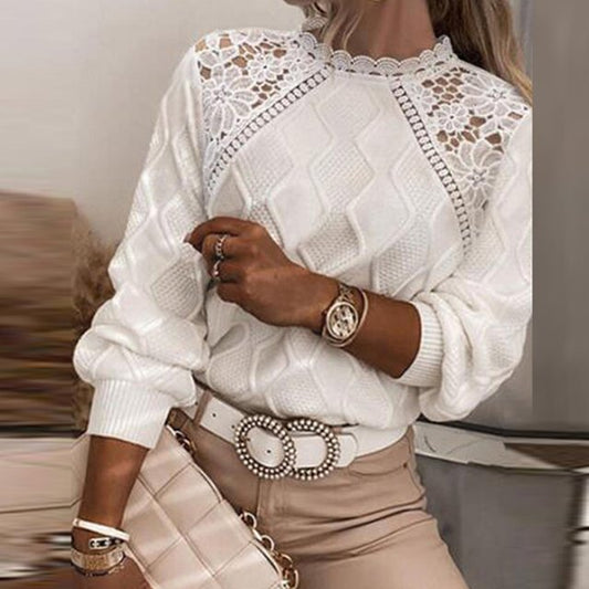 Sara - Elegant jumper with lace embroidery and hem stitch