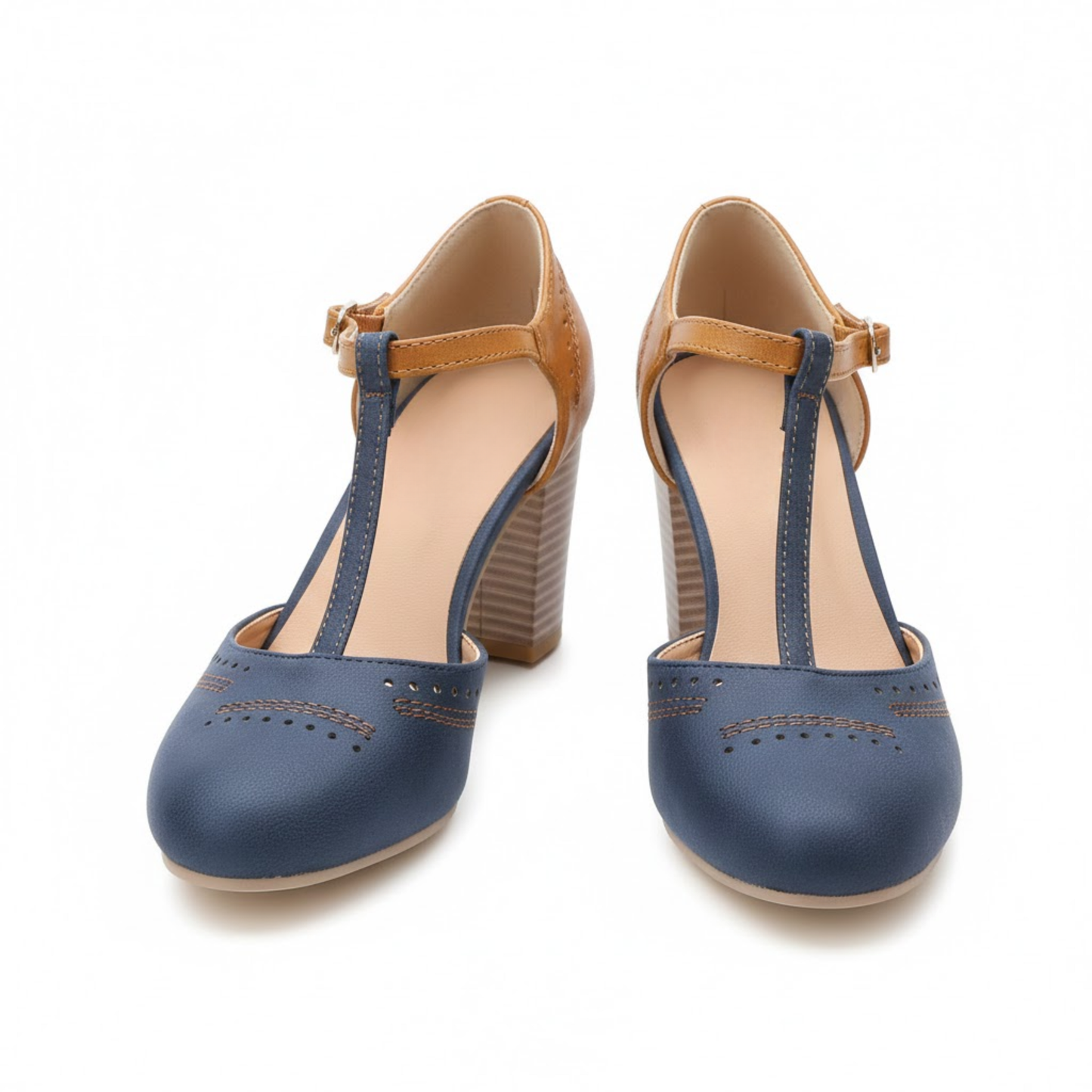 Retro Round Toe T-Strap Mary Jane Pumps with Block Heel - Vintage Casual Footwear