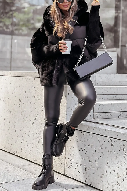 Women's Hooded Padded Winter Jacket with Plush Panel Design for Warmth and Style