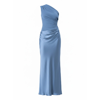 Elegant One-Shoulder Satin Maxi Dress - Sleeveless Patchwork Slim Fit Evening Gown for Parties