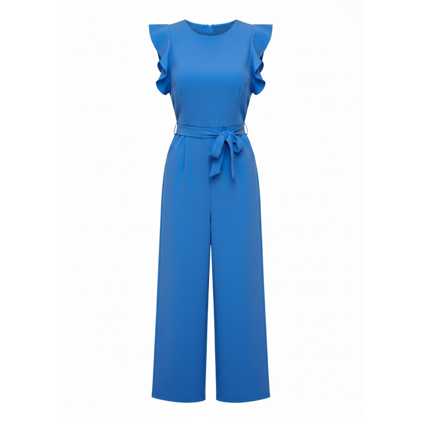 Women's High Waist Ankle-Length Jumpsuit with Flutter Sleeves and Sash - Wide Leg Romper