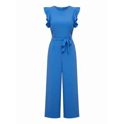 Women's High Waist Ankle-Length Jumpsuit with Flutter Sleeves and Sash - Wide Leg Romper