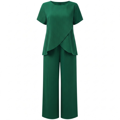 Women's Casual Two-Piece Set with Asymmetrical Split Top and Wide Leg Pants